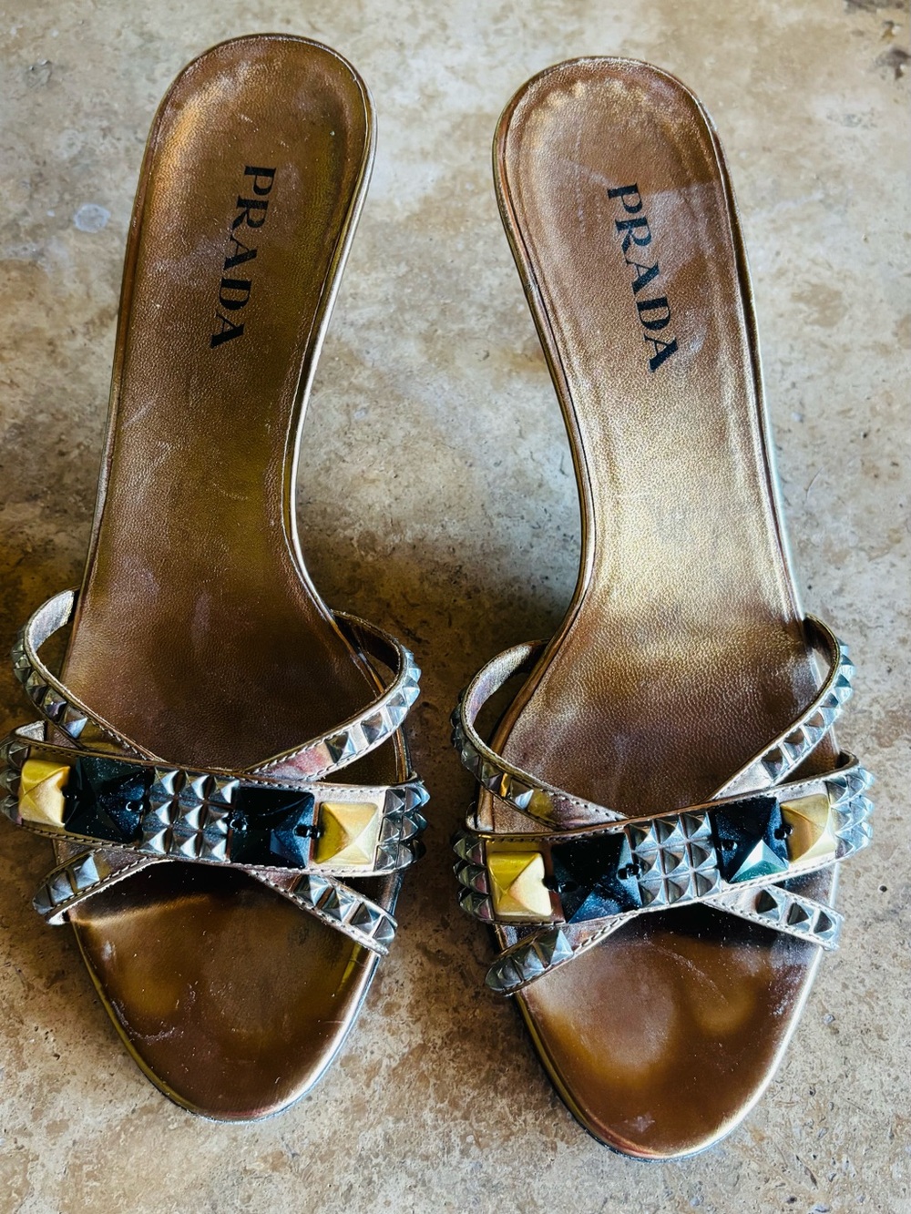 Prada Women's Metallic Gold Studded Slide Sandals